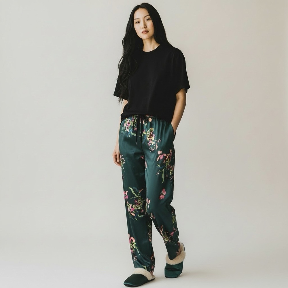 SOMA 2 piece pajama lounge set size large Floral-Print Relaxed Pants Dark Green - Picture 2 of 9